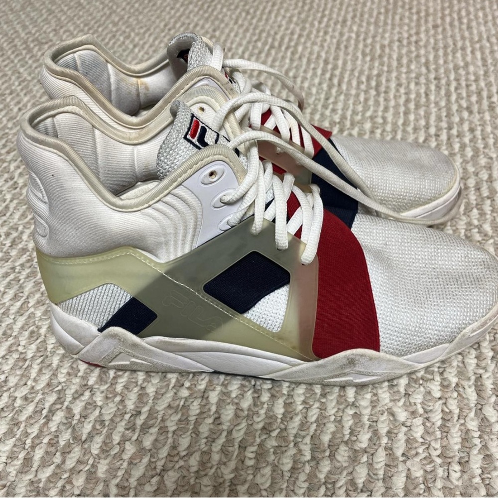 White and Red Fila Trainers